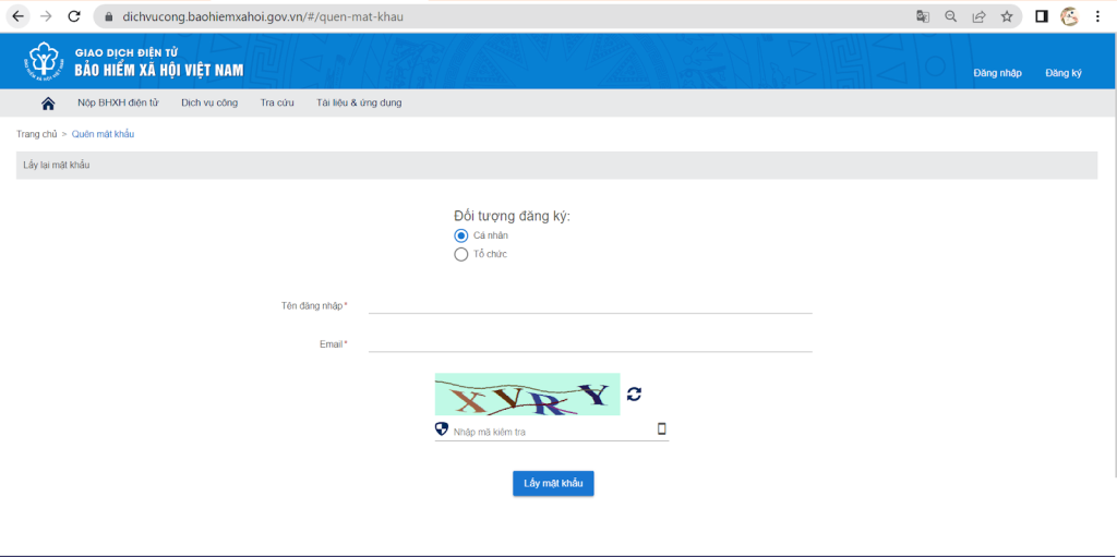 Lấy lại mật khẩu BHXH trên Cổng Dịch vụ công của BHXH Việt Nam bước 3
