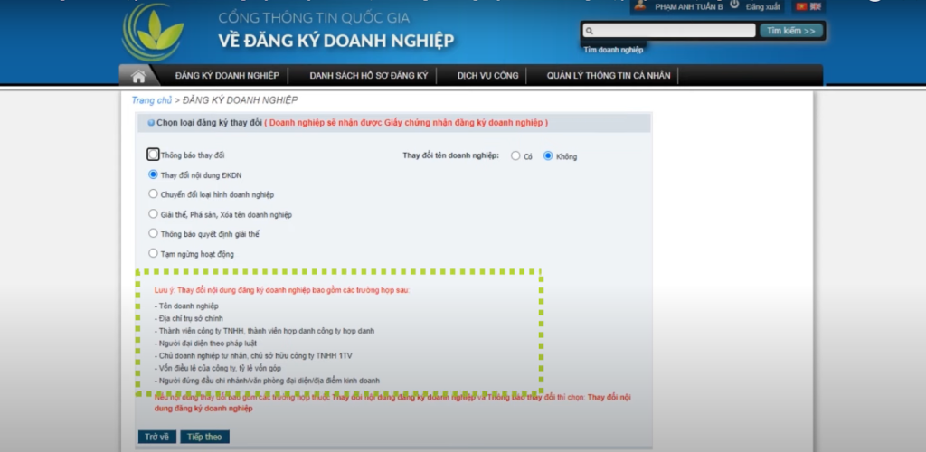 Hướng dẫn thay đổi thông tin trên Giấy phép kinh doanh trực tuyến toàn quốc bước 9